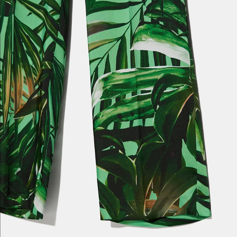 ZARA BNWT Green Satin Effect Flowy Tropical Floral Print Pants with Pockets Siz… - Picture 4 of 6
